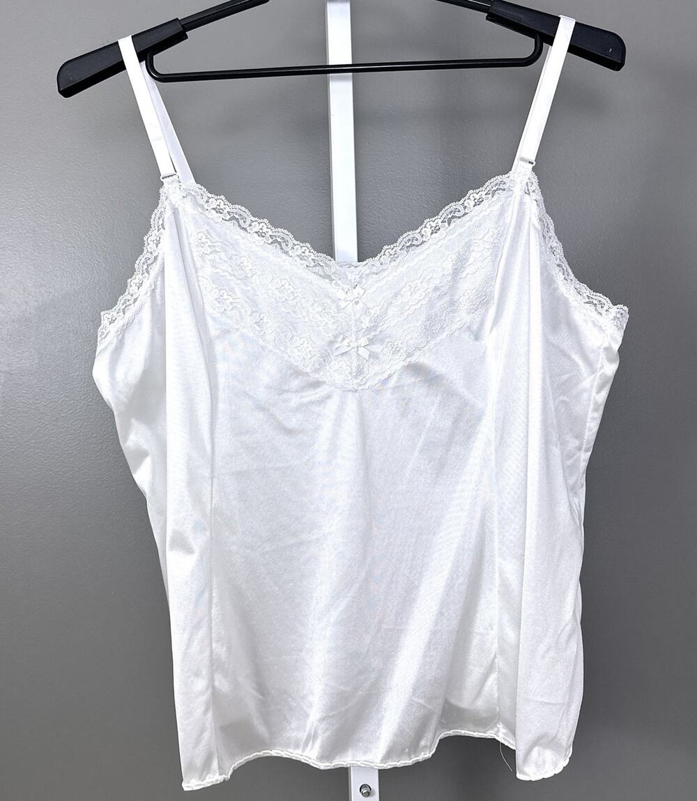 Velrose Camisole Plus Size 3X 100% Nylon White Wide Lace USA Made Cami Top Shirt